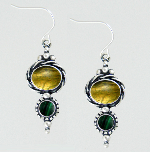 Sterling Silver Drop Dangle Earrings With Citrine And Malachite